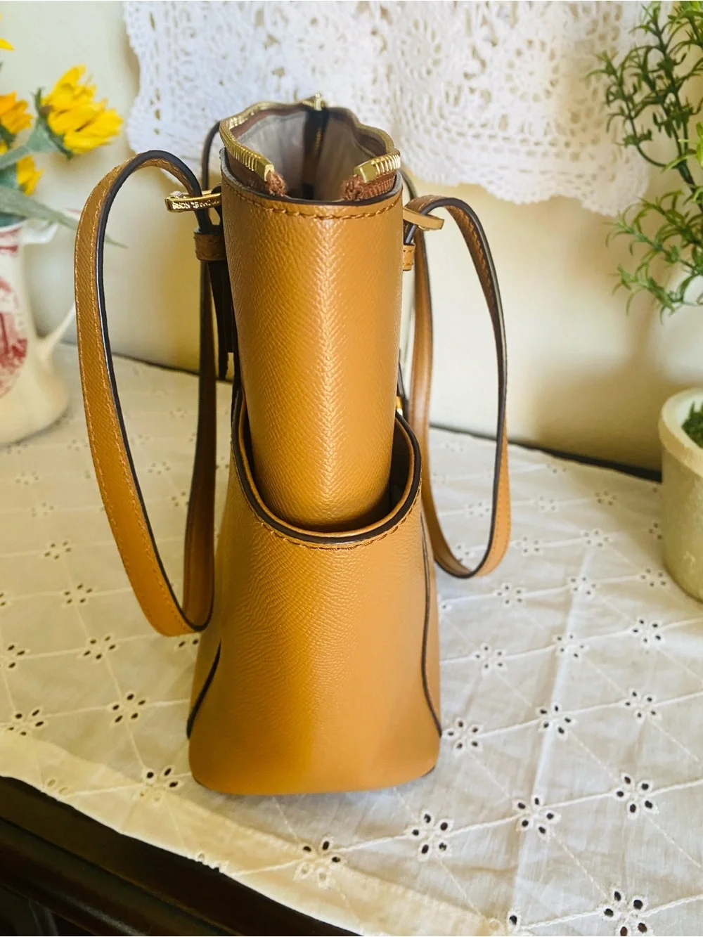 Michael Kors Caramel Leather Tote with MK Charm - Picture 5 of 10